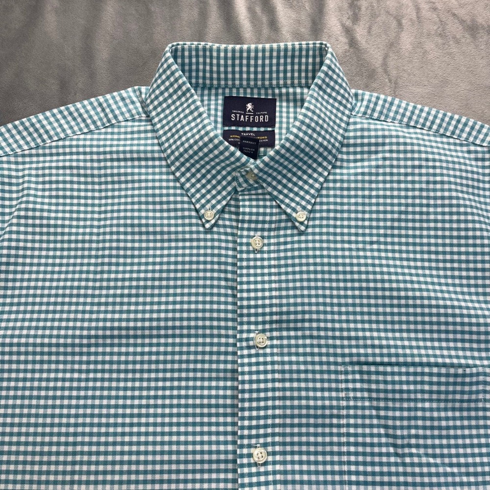 Stafford Mens Travel Fitted Wrinkle Free Oxford Dress Shirt‎ Size 17 1/2 - Picture 3 of 7